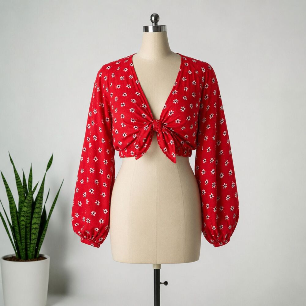 ZARA Red Daisy Floral Print Tie-Front Linen Blend Cropped Blouse - XS - Picture 6 of 12